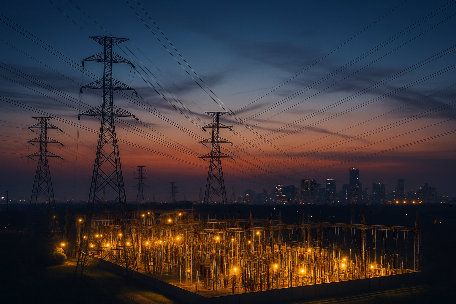 Электроподстанция ночью